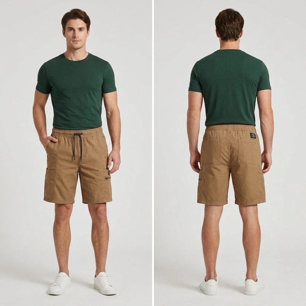 Tony Hawk Mens Khaki Brown Ripstop Cargo Shorts Elastic Waist Size Medium‎